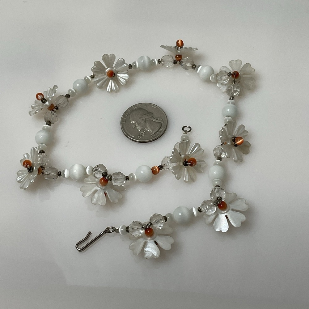 Vintage Mother of Pearl Daisy Flower Necklace Glass Cats Eye Choker 15" Romantic - Picture 11 of 12